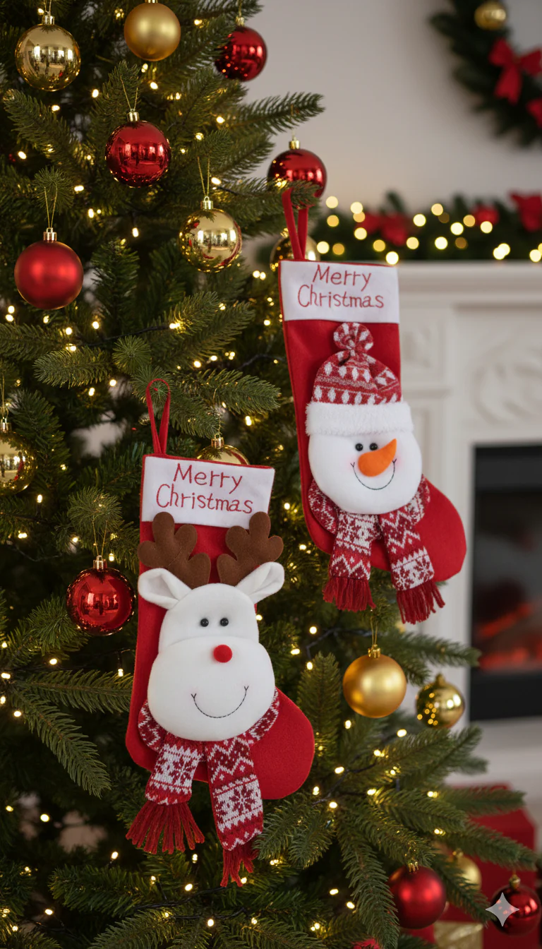VIONNE, Pack of 2 Whimsical Character Holiday Stockings by SWEN - Snowman stocking (white), Reindeer stocking (red)