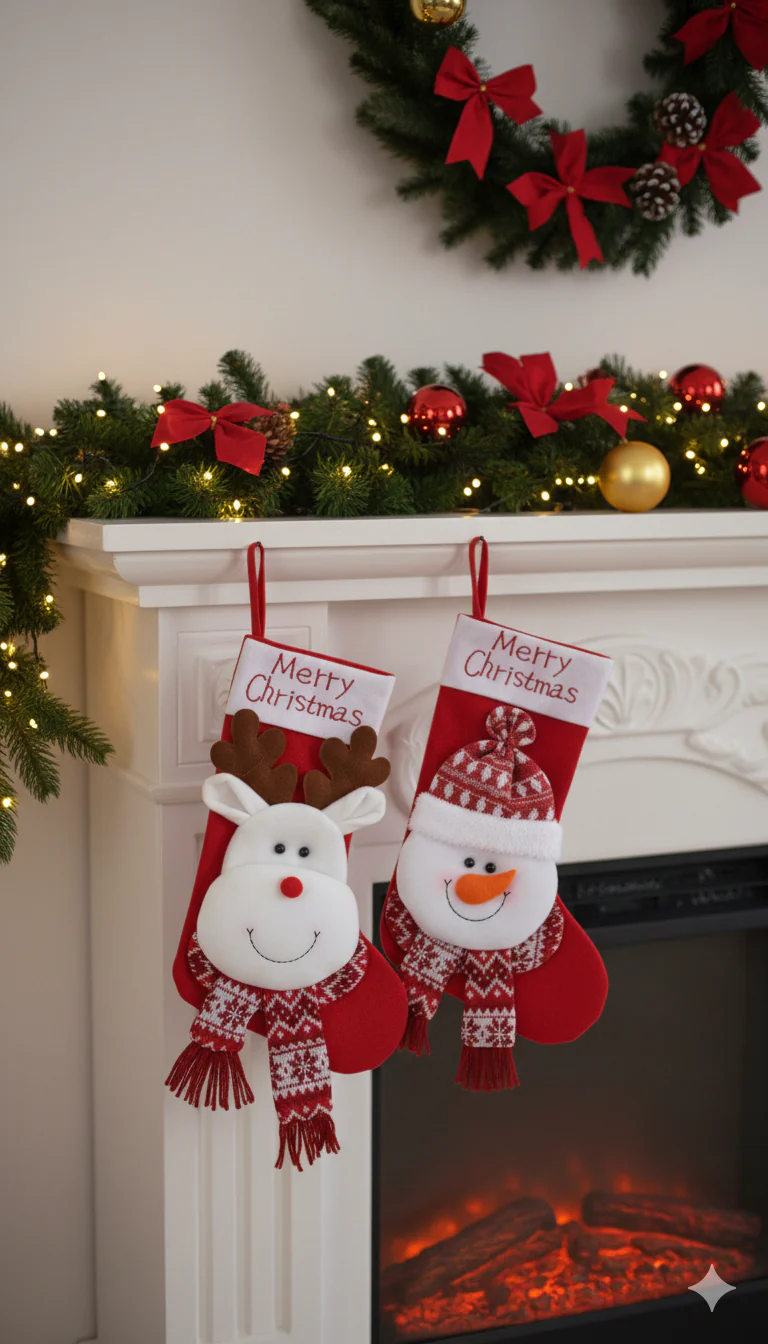 VIONNE, Pack of 2 Whimsical Character Holiday Stockings by SWEN - Snowman stocking (white), Reindeer stocking (red) - Image 2