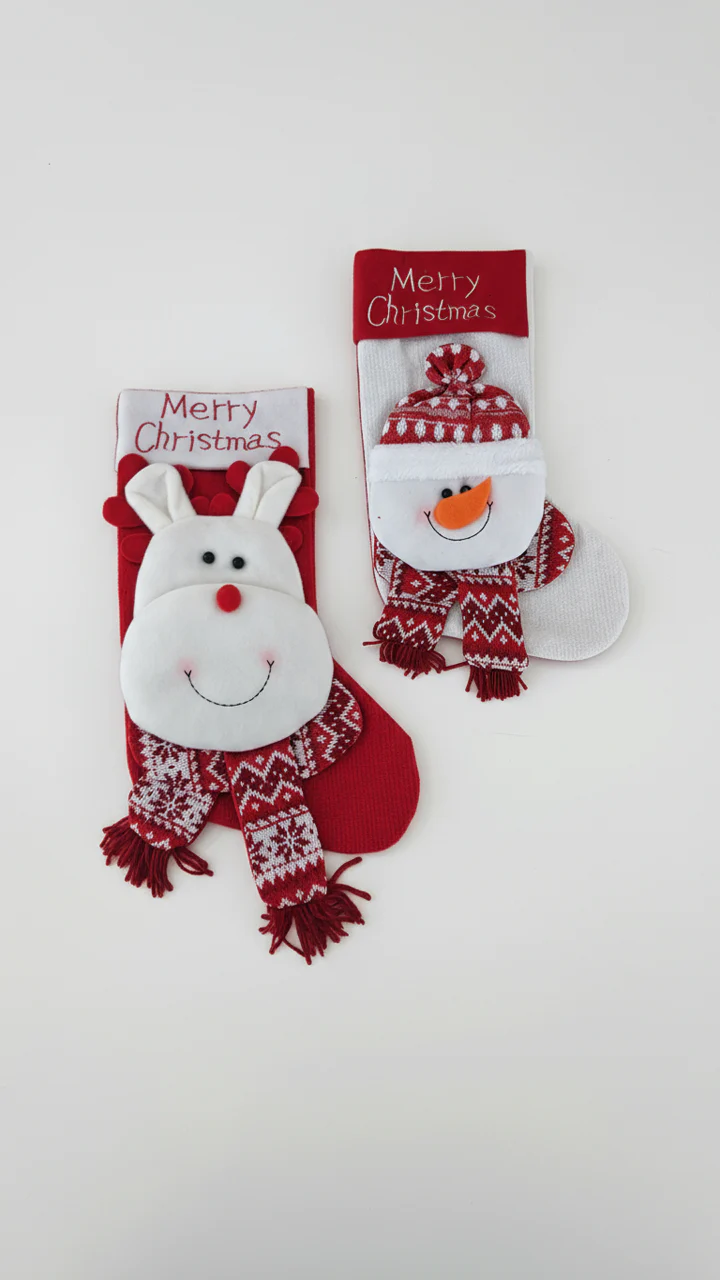 VIONNE, Pack of 2 Whimsical Character Holiday Stockings by SWEN - Snowman stocking (white), Reindeer stocking (red) - Image 4