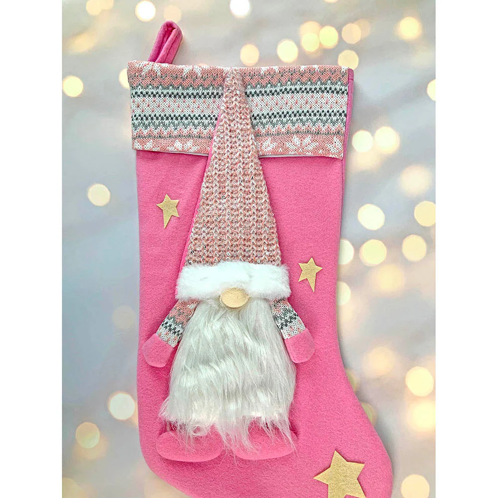 White Beard Pink Gnome Christmas Stocking, 16 inches - Image 2