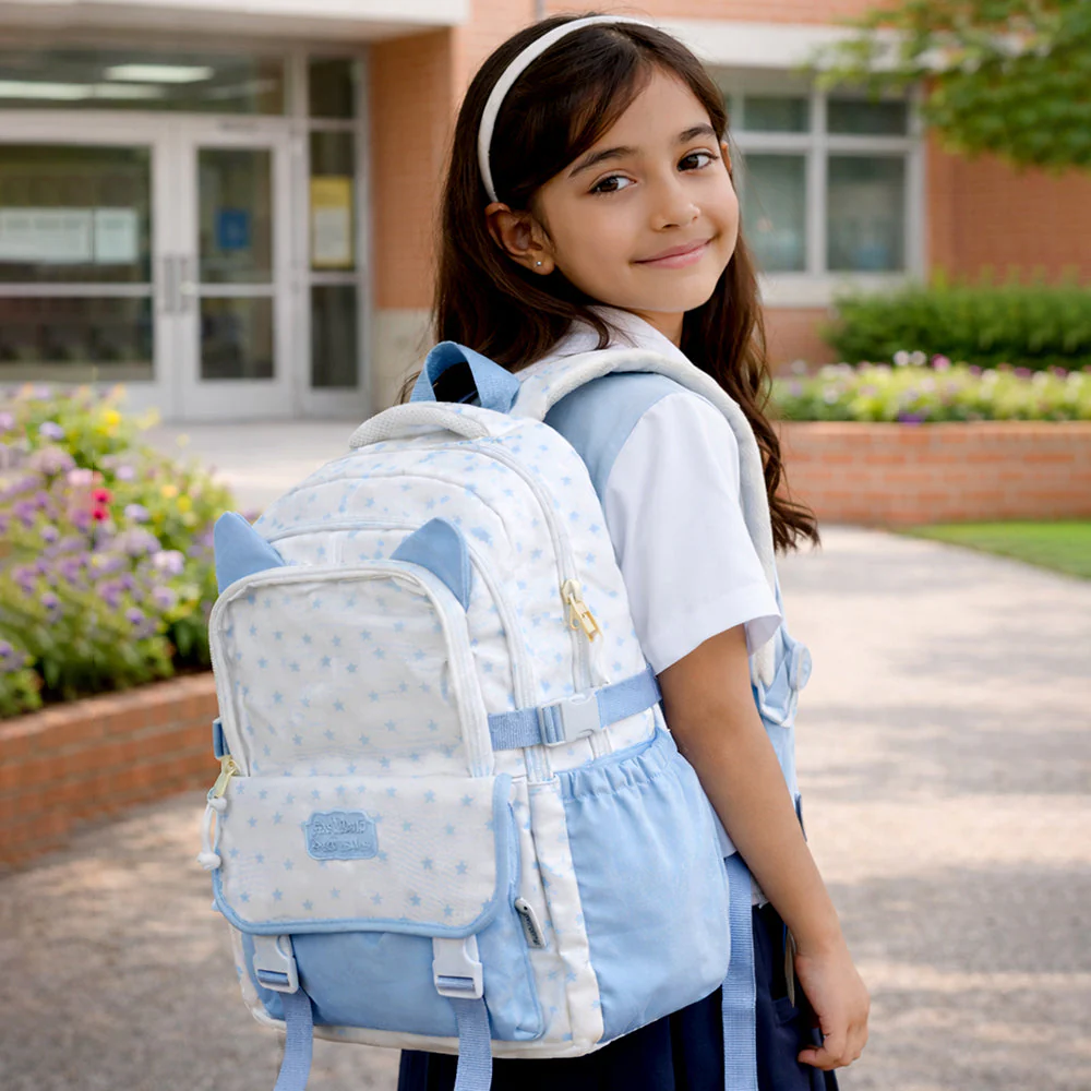 White & Blue Star Print, Ear Detailed School Backpack for Kids - Image 2
