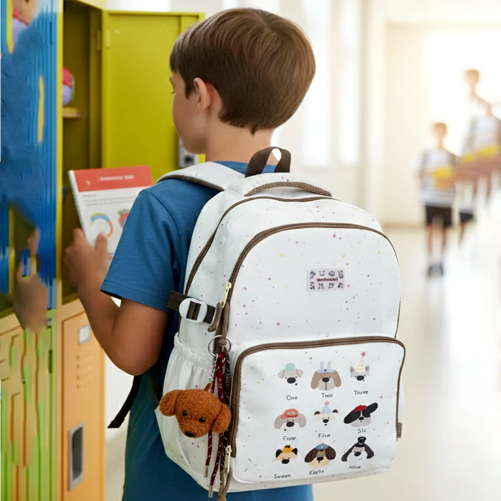 White Colorful Dots Doggy Print Backpack with Detachable Plush Dog Keychain for Kids - Image 3