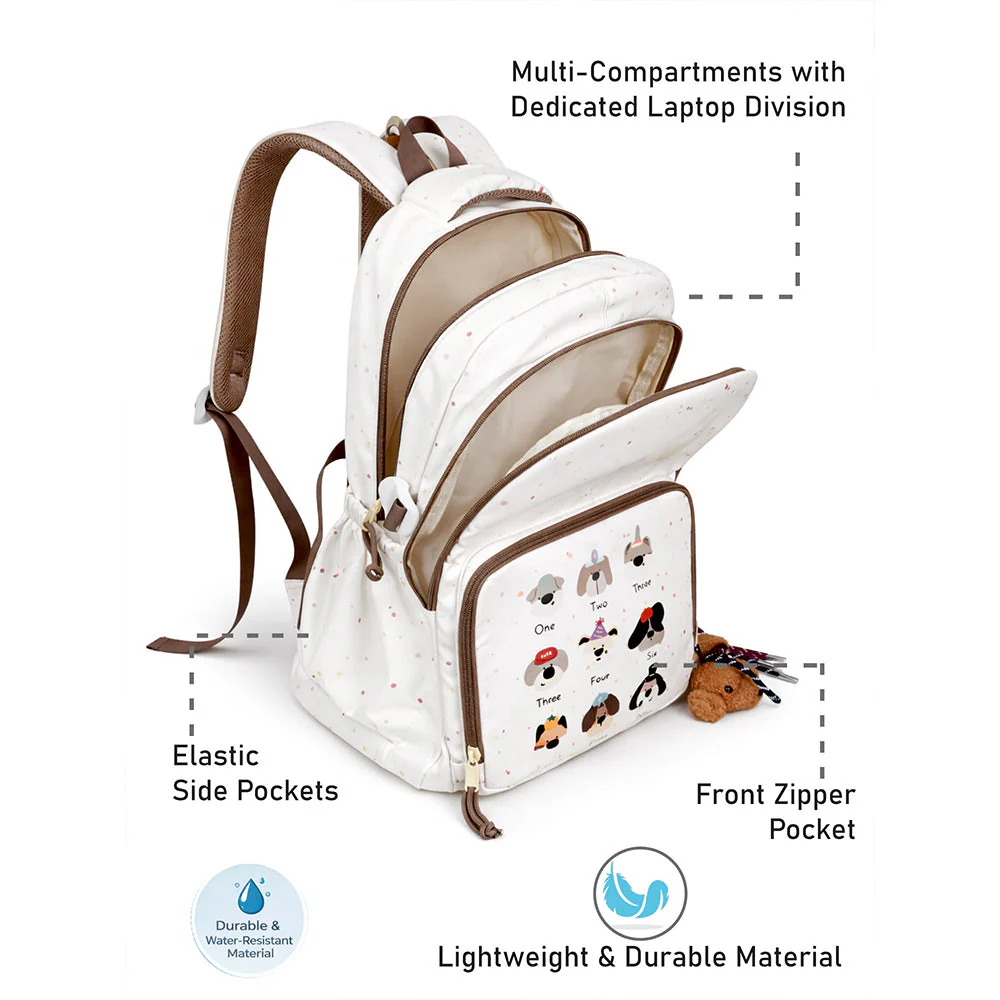 White Colorful Dots Doggy Print Backpack with Detachable Plush Dog Keychain for Kids - Image 4