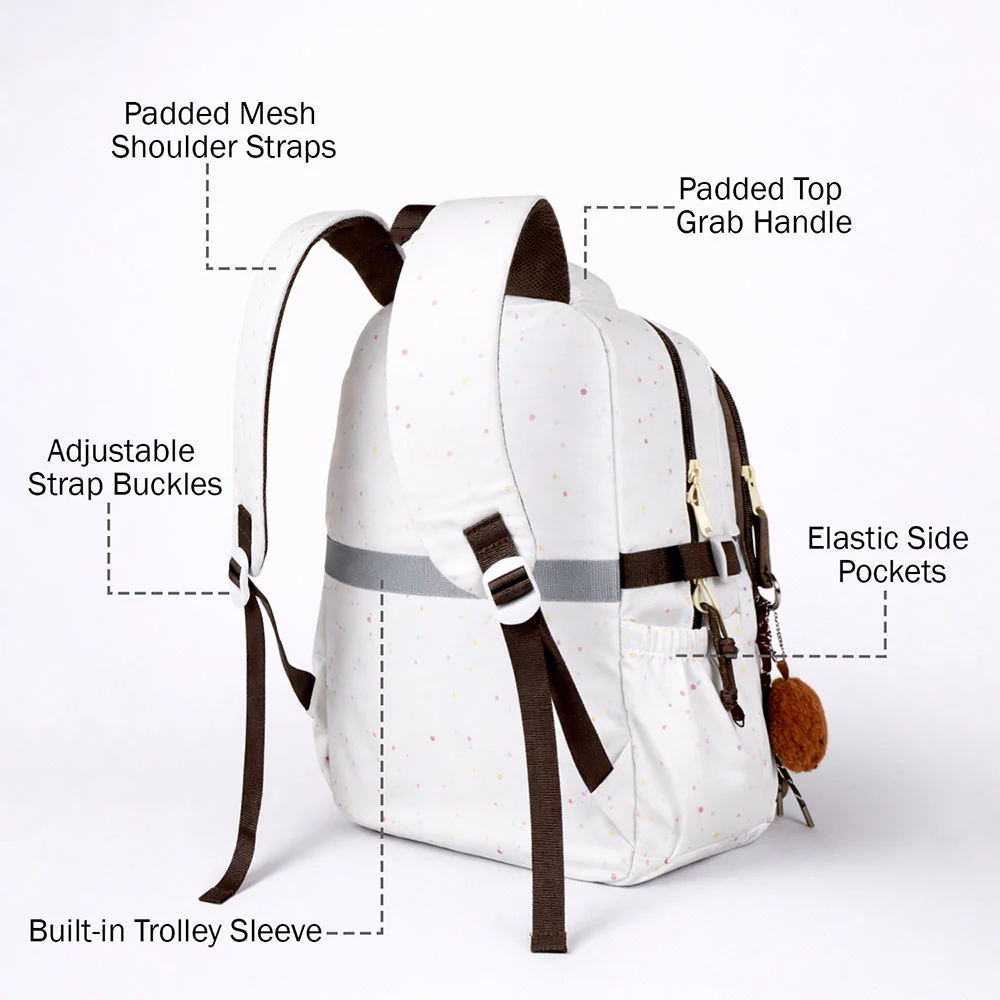White Colorful Dots Doggy Print Backpack with Detachable Plush Dog Keychain for Kids - Image 5