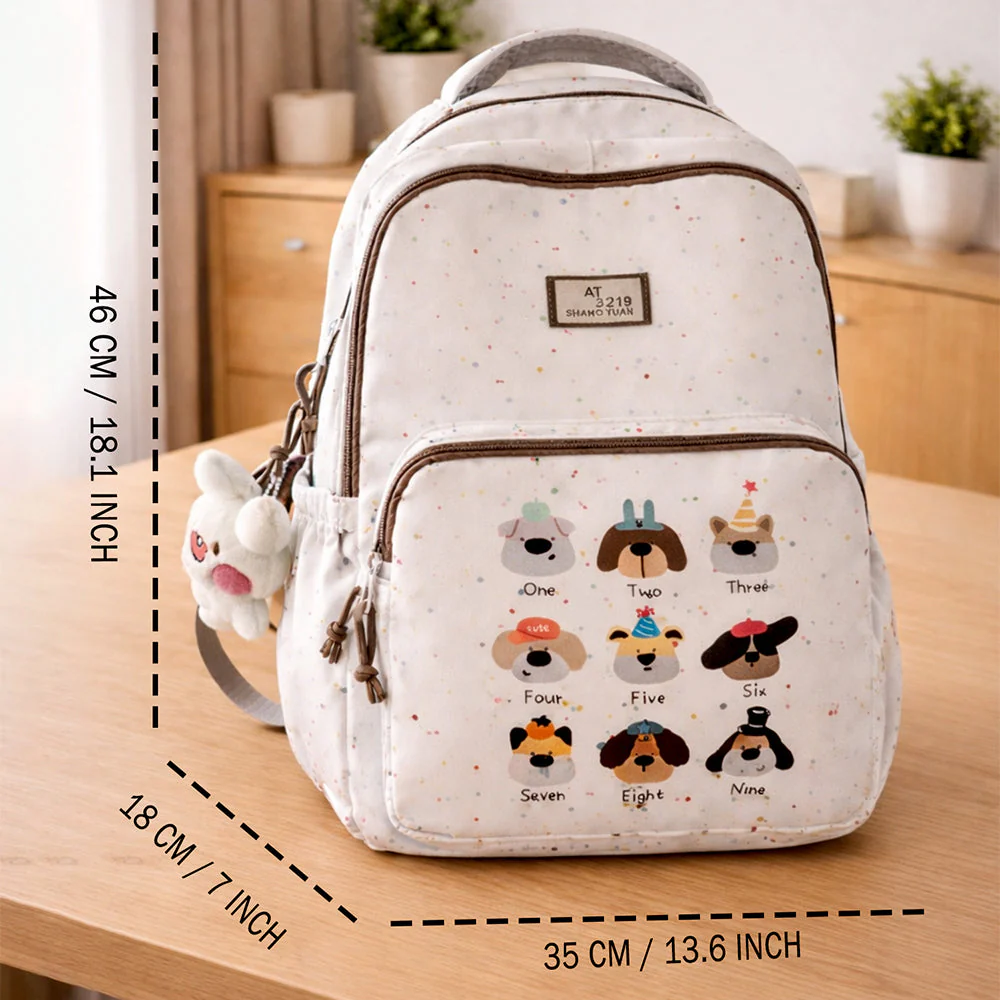 White Colorful Dots Doggy Print Backpack with Detachable Plush Dog Keychain for Kids - Image 6