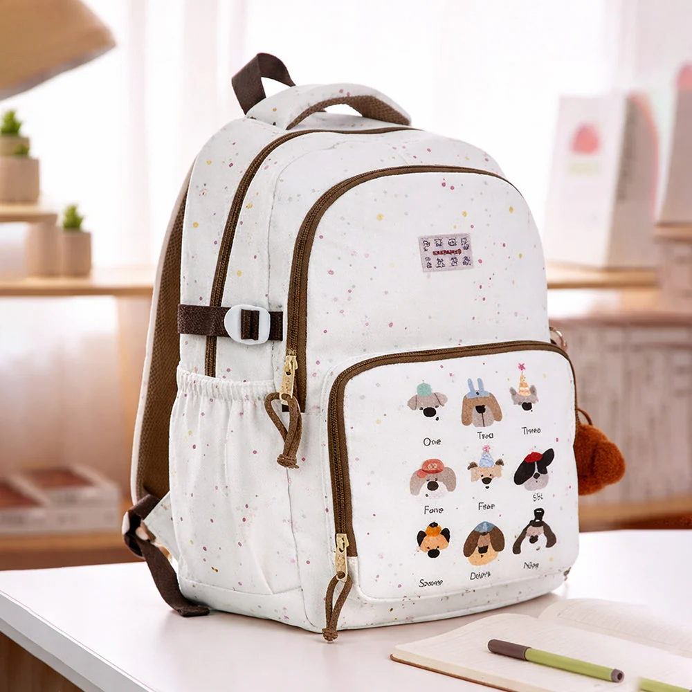White Colorful Dots Doggy Print Backpack with Detachable Plush Dog Keychain for Kids - Image 7