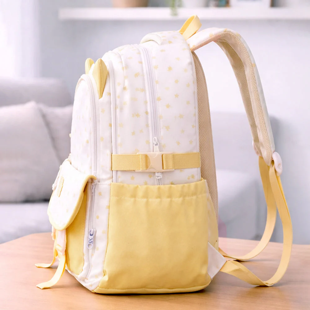 White & Pastel Yellow Star Print, Ear Detail School Backpack for Kids - Image 3