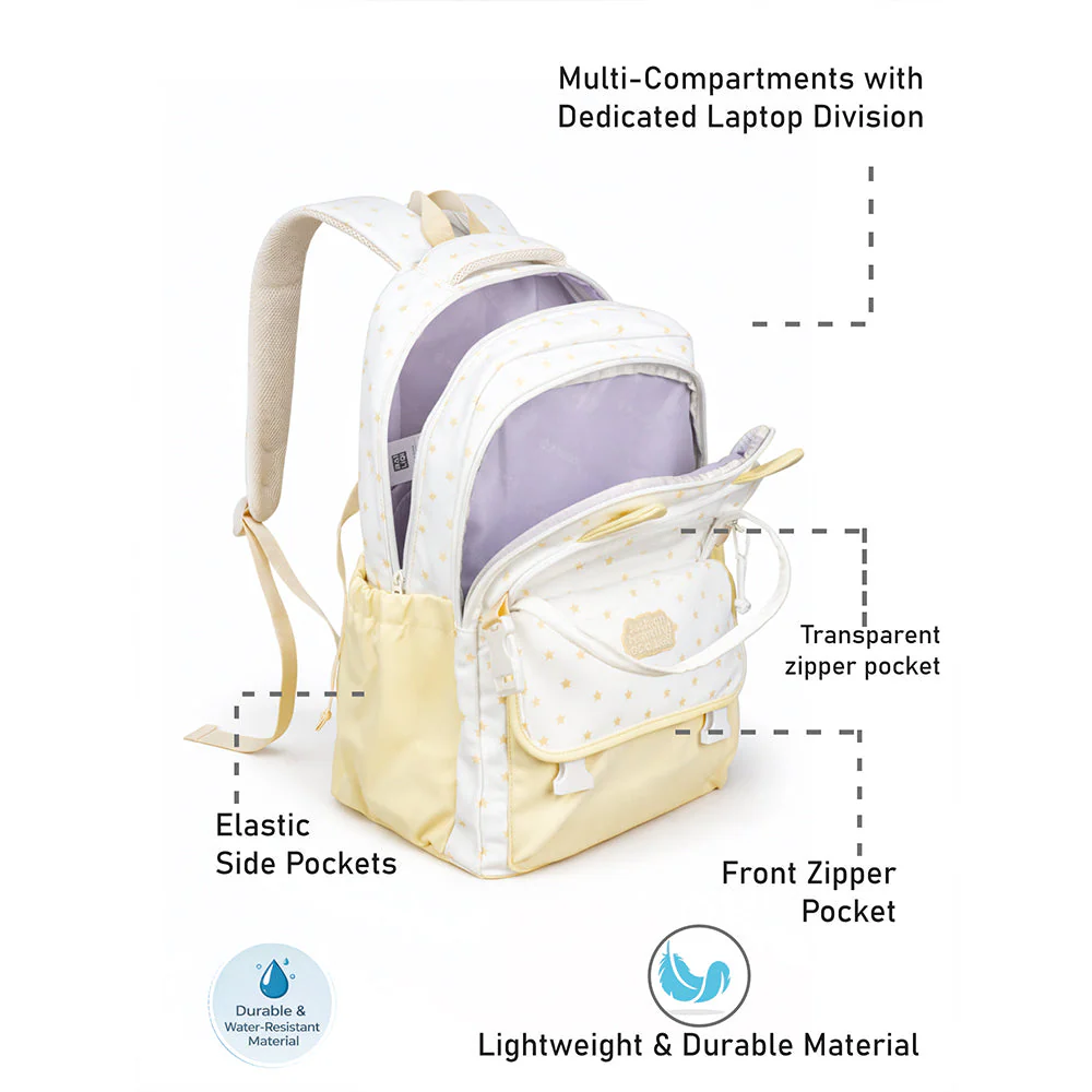 White & Pastel Yellow Star Print, Ear Detail School Backpack for Kids - Image 4