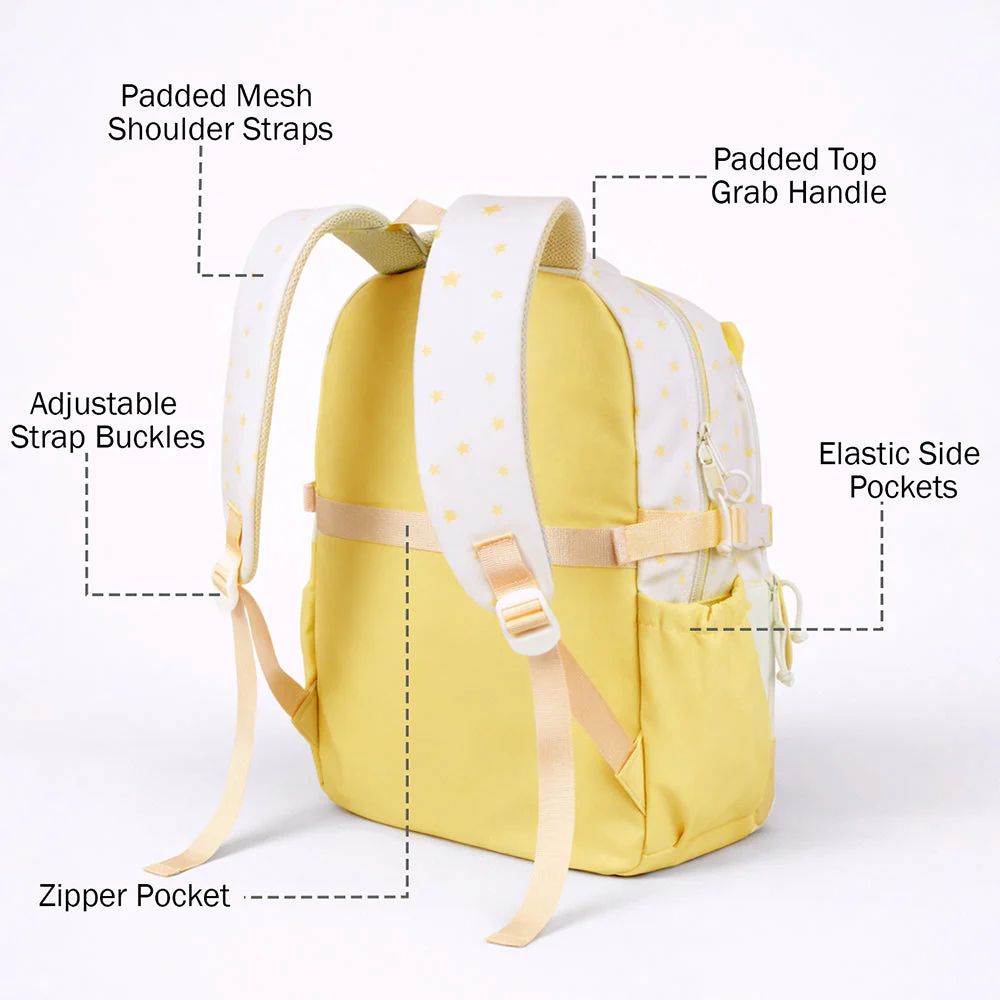 White & Pastel Yellow Star Print, Ear Detail School Backpack for Kids - Image 5
