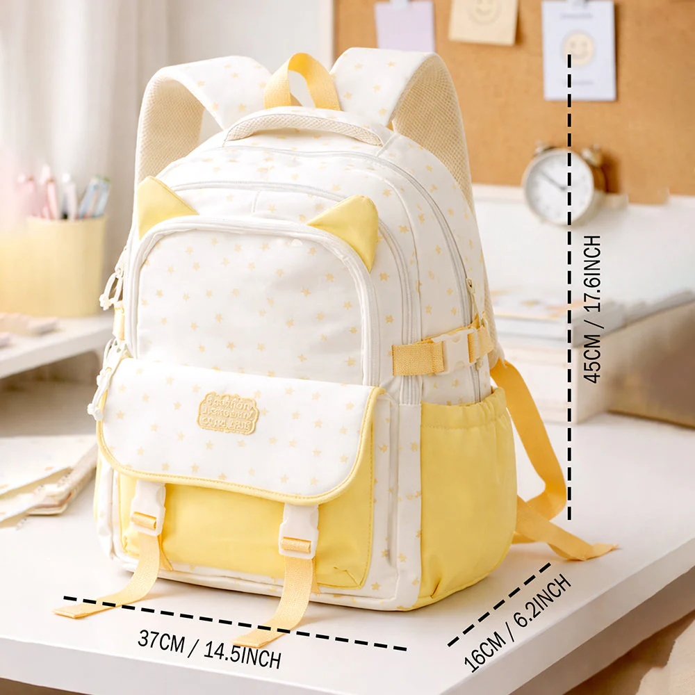 White & Pastel Yellow Star Print, Ear Detail School Backpack for Kids - Image 6