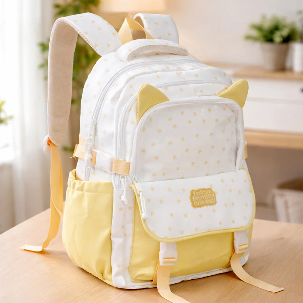 White & Pastel Yellow Star Print, Ear Detail School Backpack for Kids - Image 7