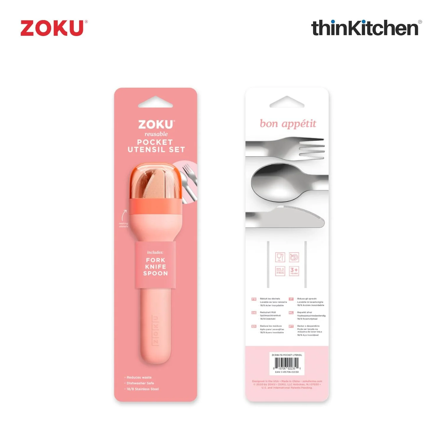 thinKitchen™ Zoku Stainless Steel Kids Pocket Utensil Set, Peach - Image 7